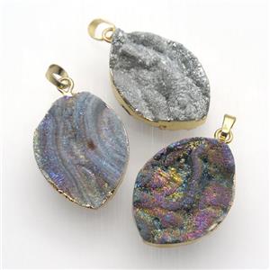 Solar Agate Druzy leaf pendant, gold plated, mix color, approx 25-35mm