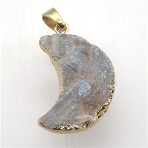 AB-color Solar Agate Druzy moon pendant, gold plated, approx 13-25mm