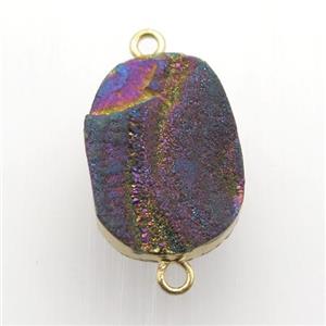 rainbow Solar Agate Druzy connector, oval, gold plated, approx 16-22mm