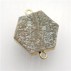 champagne Solar Agate Druzy connector, hexagon, gold plated, approx 20mm dia