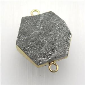 silver Solar Agate Druzy connector, hexagon, gold plated, approx 20mm dia