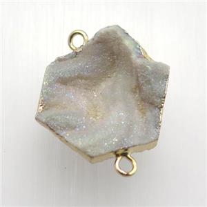 AB-color Solar Agate Druzy connector, hexagon, gold plated, approx 20mm dia