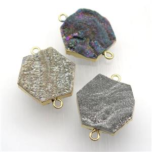 Solar Agate Druzy connector, hexagon, gold plated, mix color, approx 20mm dia