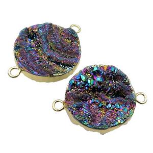 rainbow Solar Agate Druzy connector, circle, gold plated, approx 20mm dia
