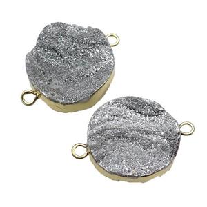 silver Solar Agate Druzy connector, circle, gold plated, approx 20mm dia
