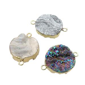 Solar Agate Druzy connector, circle, gold plated, mix color, approx 20mm dia