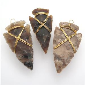 Rock Agate arrowhead pendant, wire wrapped, approx 25-50mm