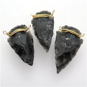 black Obsidian arrowhead pendant, wire wrapped, approx 20-35mm