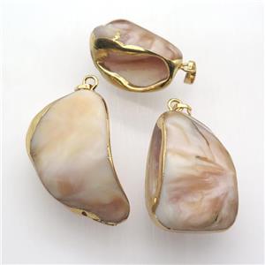 Mother Of Pearl pendant, freeform, gold plated, approx 20-35mm