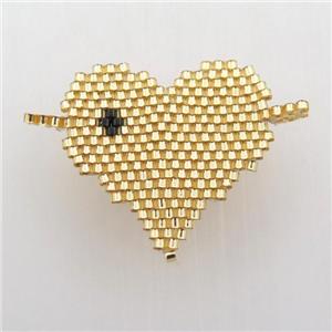 Handcraft heart connector with seed glass beads, gold, approx 28mm