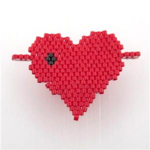 Handcraft heart connector with seed glass beads, red, approx 28mm