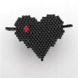 Handcraft heart connector with seed glass beads, black, approx 28mm
