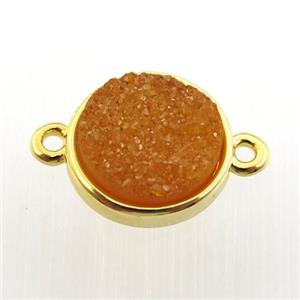 orange agate druzy circle connector, gold plated, approx 12mm dia