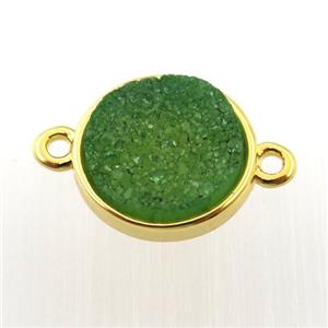 green agate druzy circle connector, gold plated, approx 12mm dia