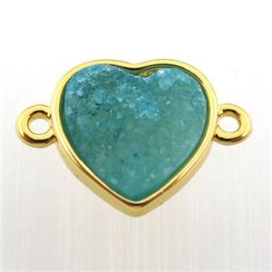 blue agate druzy heart connector, gold plated, approx 12mm dia