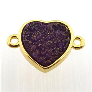 purple agate druzy heart connector, gold plated, approx 12mm dia