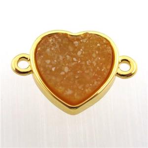 orange agate druzy heart connector, gold plated, approx 12mm dia