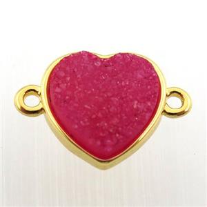 hotpink agate druzy heart connector, gold plated, approx 12mm dia