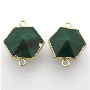 green agate hexagon connector, point, gold plated, approx 25-30mm