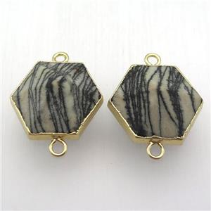 picasso jasper hexagon connector, point, gold plated, approx 25-30mm
