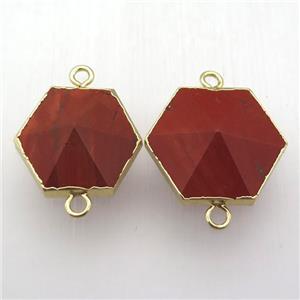red jasper hexagon connector, point, gold plated, approx 25-30mm
