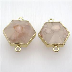 cherry agate hexagon connector, point, gold plated, approx 25-30mm