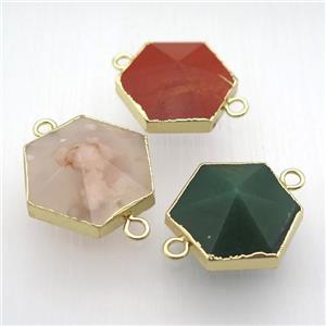 mixed gemstone hexagon connector, point, gold plated, approx 25-30mm
