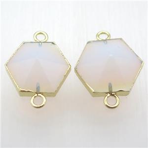 white opalite hexagon connector, point, gold plated, approx 20mm