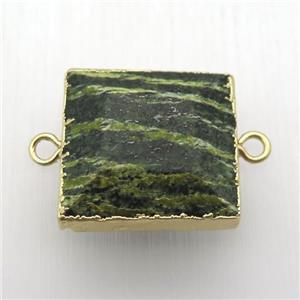green silver-line jasper square connector, gold plated, approx 22mm