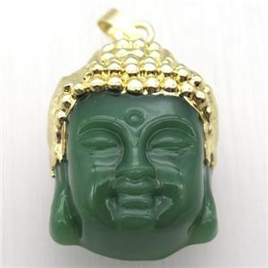 green glass Buddha pendant, gold plated, approx 25-35mm