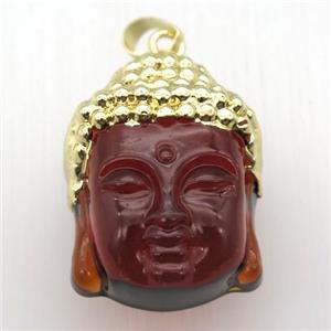 red glass Buddha pendant, gold plated, approx 25-35mm