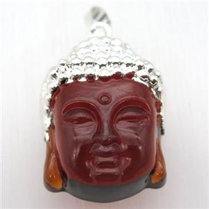red glass Buddha pendant, silver plated, approx 25-35mm