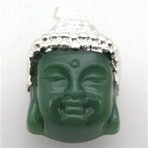 green glass Buddha pendant, silver plated, approx 25-35mm