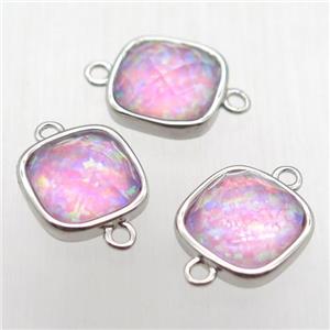 pink Fire Opal square connector, synthetic, platinum plated, approx 10x10mm