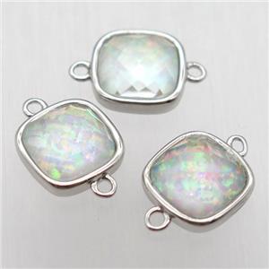 green Fire Opal square connector, synthetic, platinum plated, approx 10x10mm