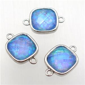 blue Fire Opal square connector, synthetic, platinum plated, approx 10x10mm