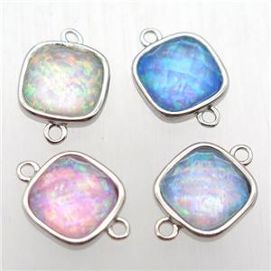 mixed Fire Opal square connector, synthetic, platinum plated, approx 10x10mm