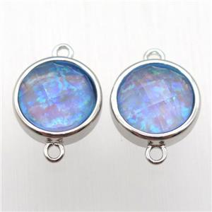 blue Fire Opal circle connector, synthetic, platinum plated, approx 11mm dia