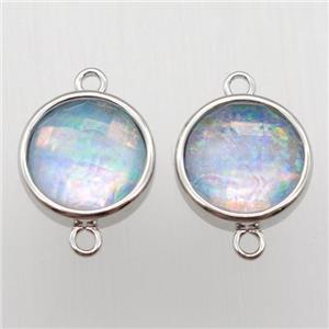 Fire Opal circle connector, synthetic, platinum plated, approx 11mm dia