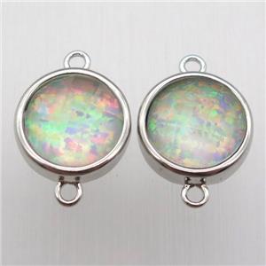 green Fire Opal circle connector, synthetic, platinum plated, approx 11mm dia