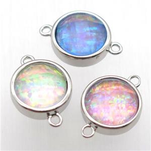 mixed color Fire Opal circle connector, synthetic, platinum plated, approx 11mm dia