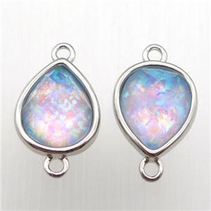 Fire Opal teardrop connector, synthetic, platinum plated, approx 9-11mm