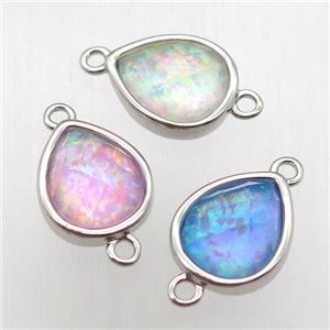mixed color Fire Opal teardrop connector, synthetic, platinum plated, approx 9-11mm