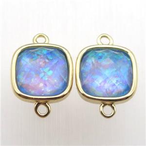 blue Fire Opal square connector, synthetic, gold plated, approx 10x10mm