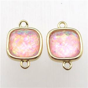 pink Fire Opal square connector, synthetic, gold plated, approx 10x10mm