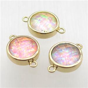 mixed color Fire Opal circle connector, synthetic, gold plated, approx 11mm dia