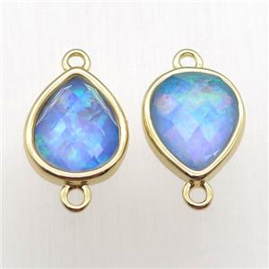 blue Fire Opal teardrop connector, synthetic, gold plated, approx 9-11mm