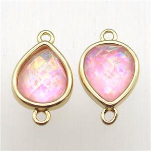 pink Fire Opal teardrop connector, synthetic, gold plated, approx 9-11mm
