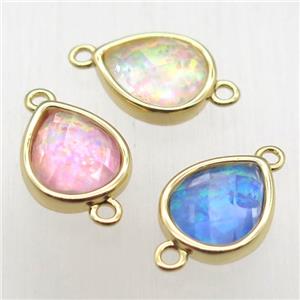 mixed color Fire Opal teardrop connector, synthetic, gold plated, approx 9-11mm