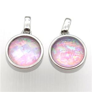 pink Fire Opal circle pendant, synthetic, platinum plated, approx 11mm dia